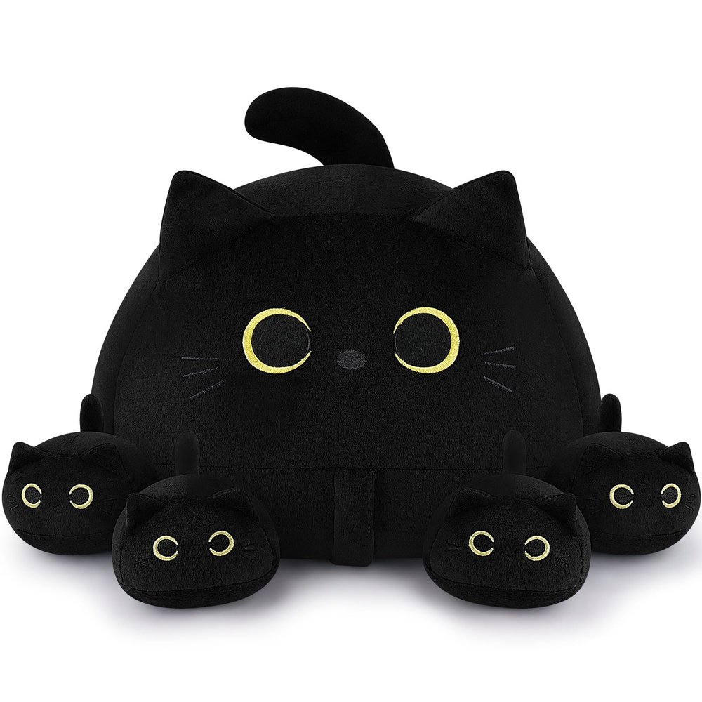 Auspicious beginning 19'' Black Cat Plush 5PCS Cat Family PlushToys,Cute Black Cat Mommy Cat with 4 Baby Kittens Cat Plushies for Kids, Kawaii Birthday Gifts for Kids Boys Girls
