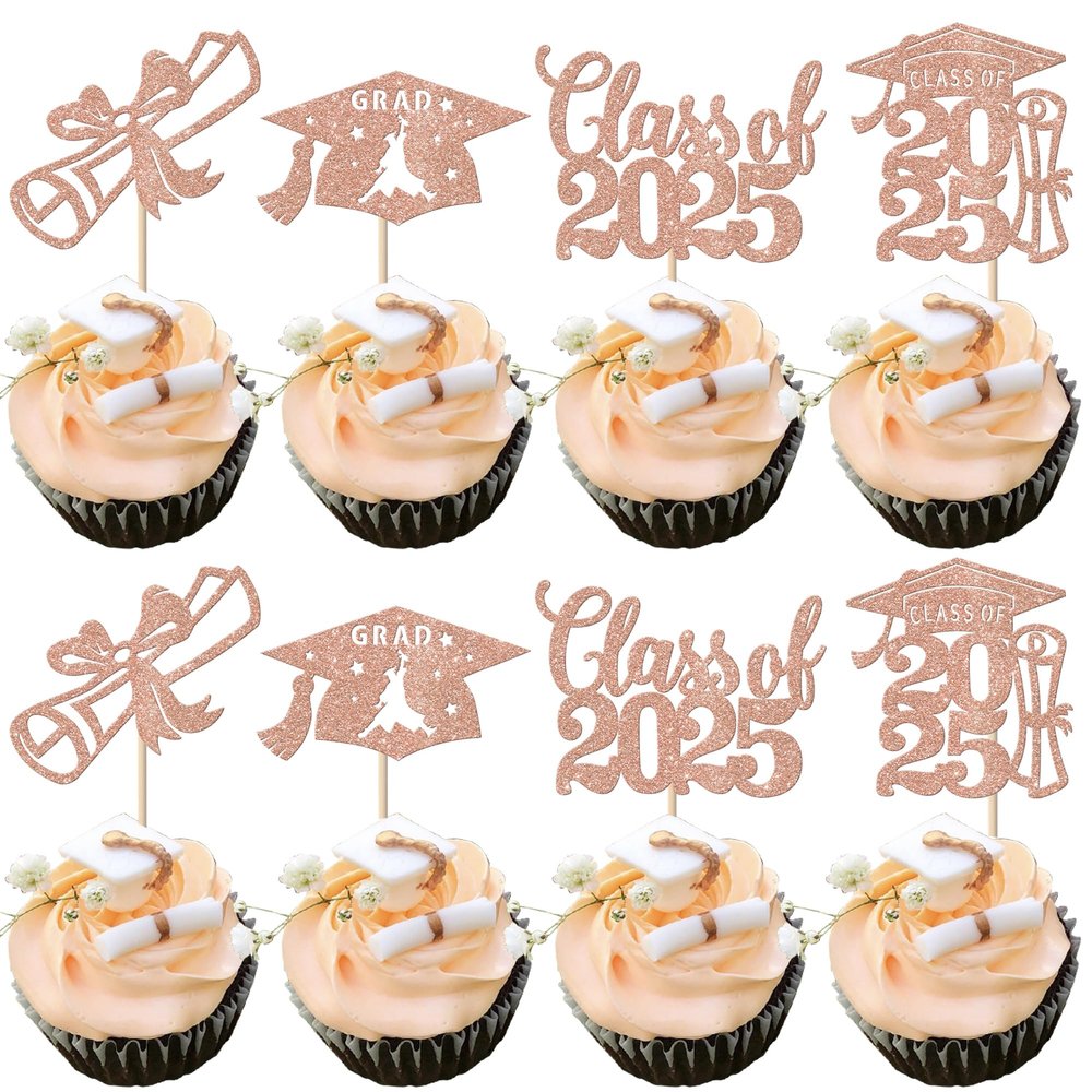 24 Pack 2025 Graduation Cupcake Toppers Glitter Diploma Congrats Grad Cap Class of 2025 Cupcake Picks 2025 Graduation Theme School Boys Girls Graduate Party Cake Decorations Supplies Rose Gold