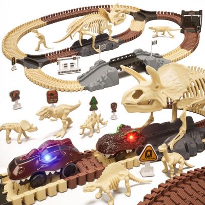 OR OR TU 2024 New Dinosaur Toys Race Track, 188 PCS Dinosaur Train Set for Kids 3-5 5-7, 2pcs Dinosaur Car with Light, 8pcs Dinosaur Fossil Skeletons for Toddlers