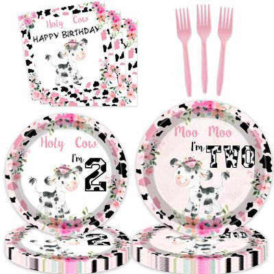 80 Pcs Holy Cow I'm Two Girls Birthday Decorations Moo Moo I'm Two Paper Dinner Plates Napkins Forks Dinnerware for Farm Animals Cow Themed Girls 2nd Birthday Party Supplies