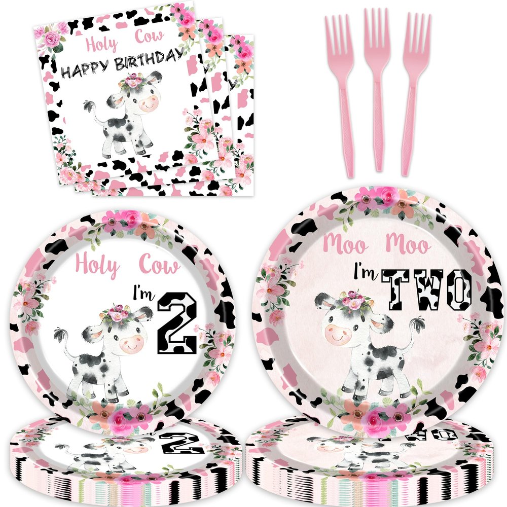 80 Pcs Holy Cow I'm Two Girls Birthday Decorations Moo Moo I'm Two Paper Dinner Plates Napkins Forks Dinnerware for Farm Animals Cow Themed Girls 2nd Birthday Party Supplies