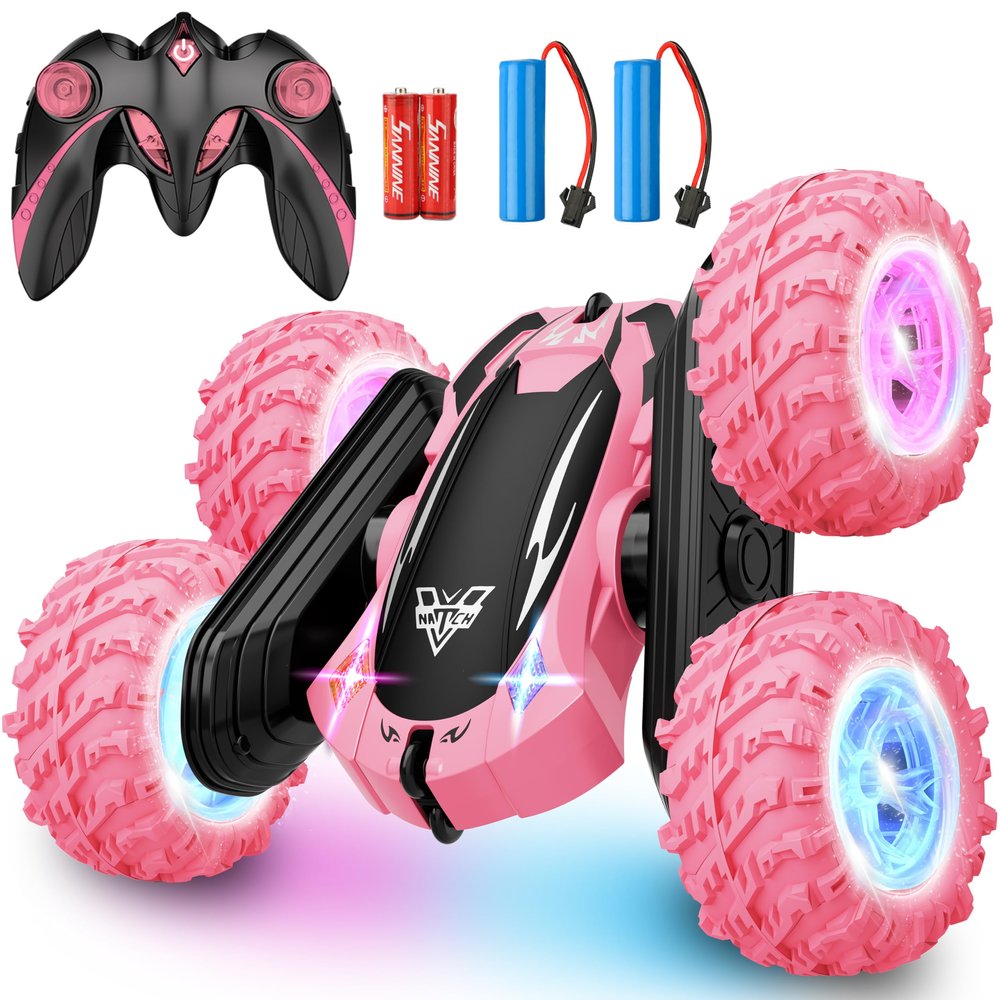 Remote Control Car, 2.4GHz RC Stunt Car, Double Sided 360 Rotating RC Cars with LED Headlight & LED Wheel, High Speed Off Road RC Crawler Xmas Gift for 3 4 5 6 7 8-12 Year Old Girls Toys (Pink)