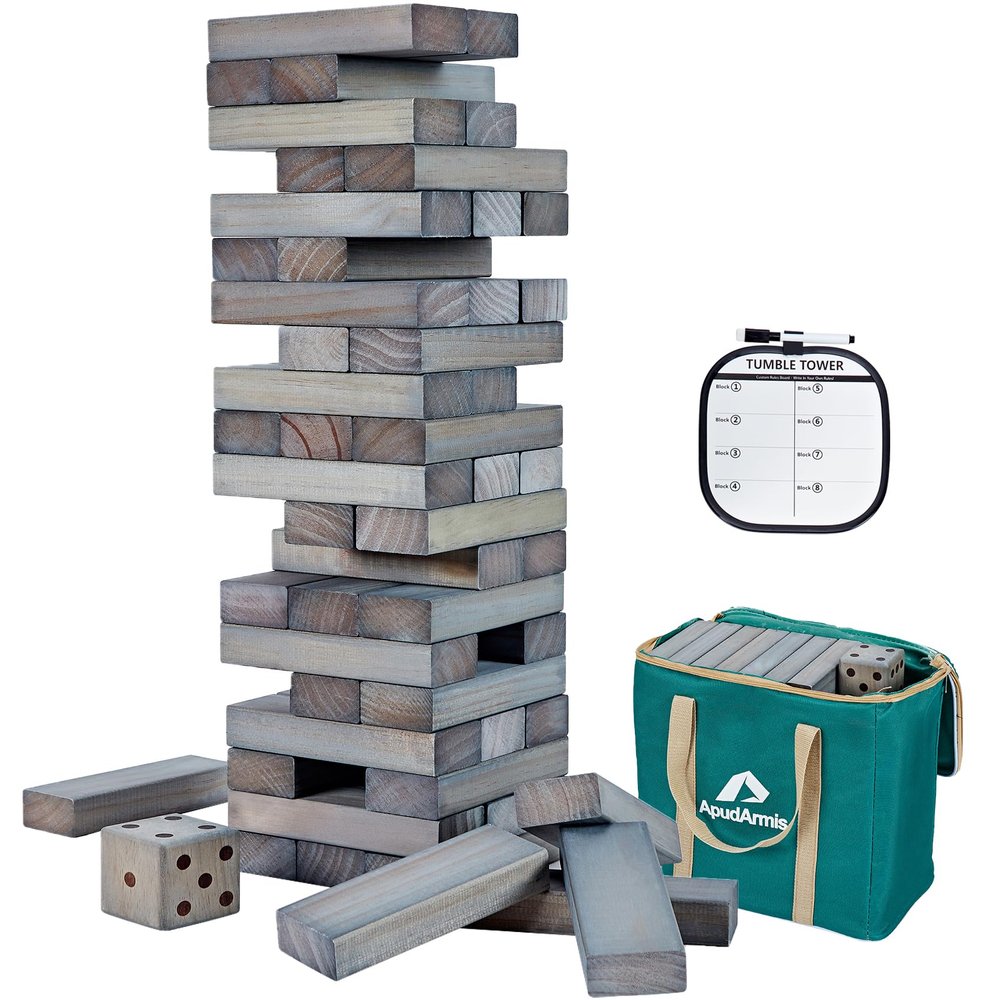 ApudArmis 54 PCS Tumble Timber Set Up to 3.2FT, Pine Wooden Tumble Tower Game with Dice and Scoreboard Set - Classic Block Stacking Board Game for Adults Teenagers (Gray)