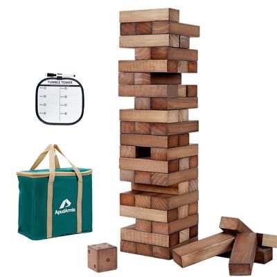 ApudArmis 54 PCS Tumble Timber Set Up to 3.2FT, Pine Wooden Tumble Tower Game with Dice and Scoreboard Set - Classic Block Stacking Board Game for Adults Teenagers (Brown)