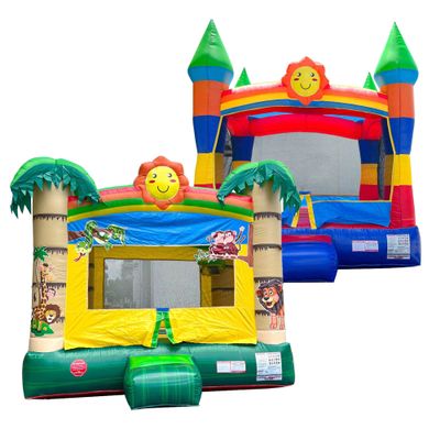 Crossover Inflatable Bounce House, Commercial Grade Party Playhouse Rainbow and Tropical Smiley Bundle, for Kids & Toddlers, Backyard Outdoor Jump Fun, w/Blowers, Stakes & Storage Bag 13x12x14.5ft