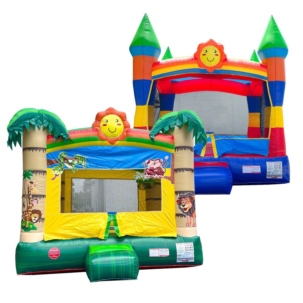 Crossover Inflatable Bounce House, Commercial Grade Party Playhouse Rainbow and Tropical Smiley Bundle, for Kids & Toddlers, Backyard Outdoor Jump Fun, w/Blowers, Stakes & Storage Bag 13x12x14.5ft