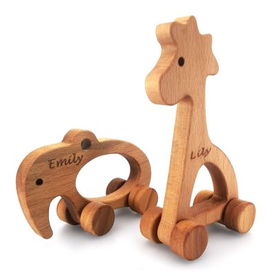 Personalized Wooden Safari Animal Toys Elephant Giraffe for 2 Year Old Birthday Gift, Customized Animal Push Toy With Wheels for Baby, Montessori Wood Animal Sensory Toys Skill And Motor Development