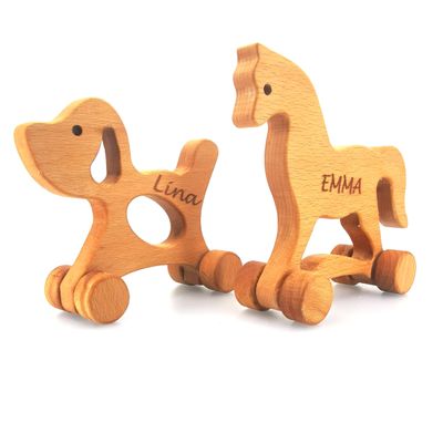 Personalized Set of 2 Wooden Animal Push Toys Gift for Kids, Customizable Puppy Dog & Horse Toy Birthday Gifts for Toddlers, Montessori Wood Animal Sensory Toys Skill And Motor Development, Push Toy