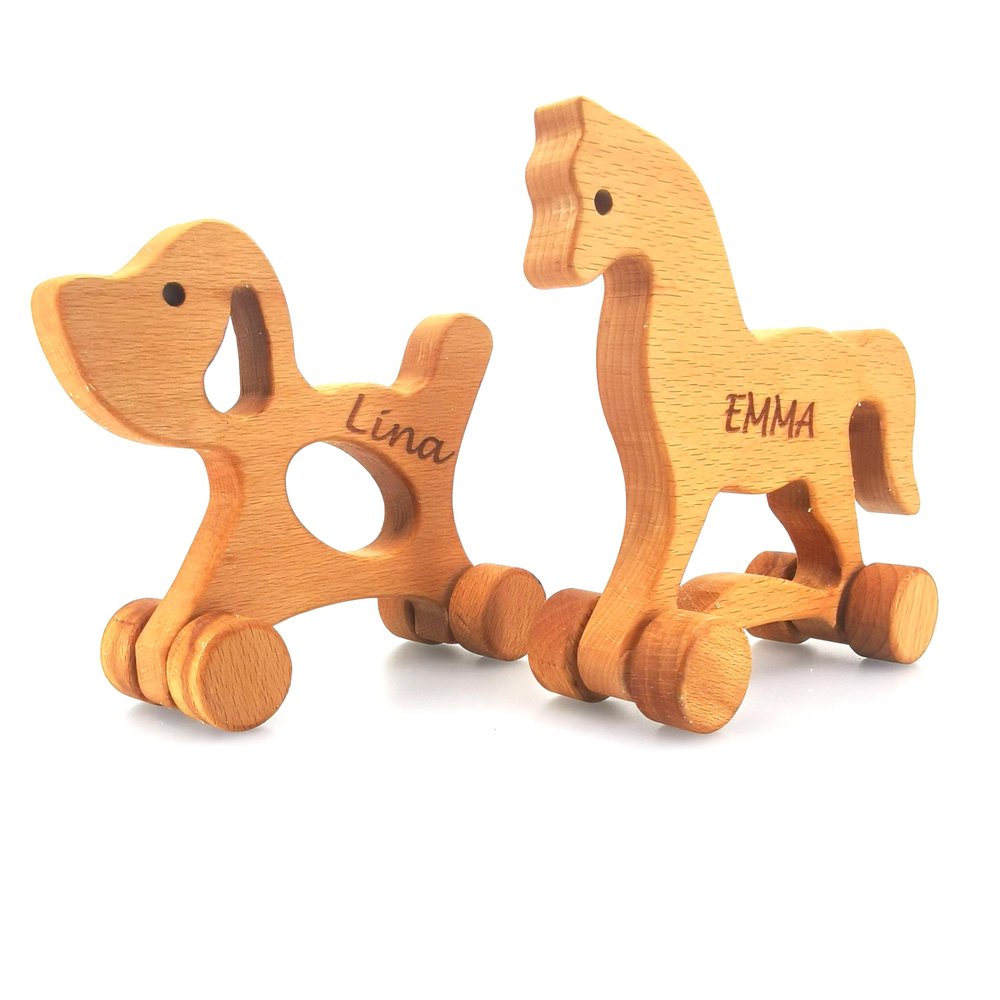 Personalized Set of 2 Wooden Animal Push Toys Gift for Kids, Customizable Puppy Dog & Horse Toy Birthday Gifts for Toddlers, Montessori Wood Animal Sensory Toys Skill And Motor Development, Push Toy