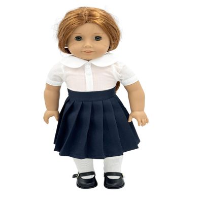 18 inch Doll Outfit-School Plaid Jumper include Blouse and Hair Accessory/Add on Option: Sock and Shoe (Doll is not included) (Pleated Skirt Set Only, Solid Navy)