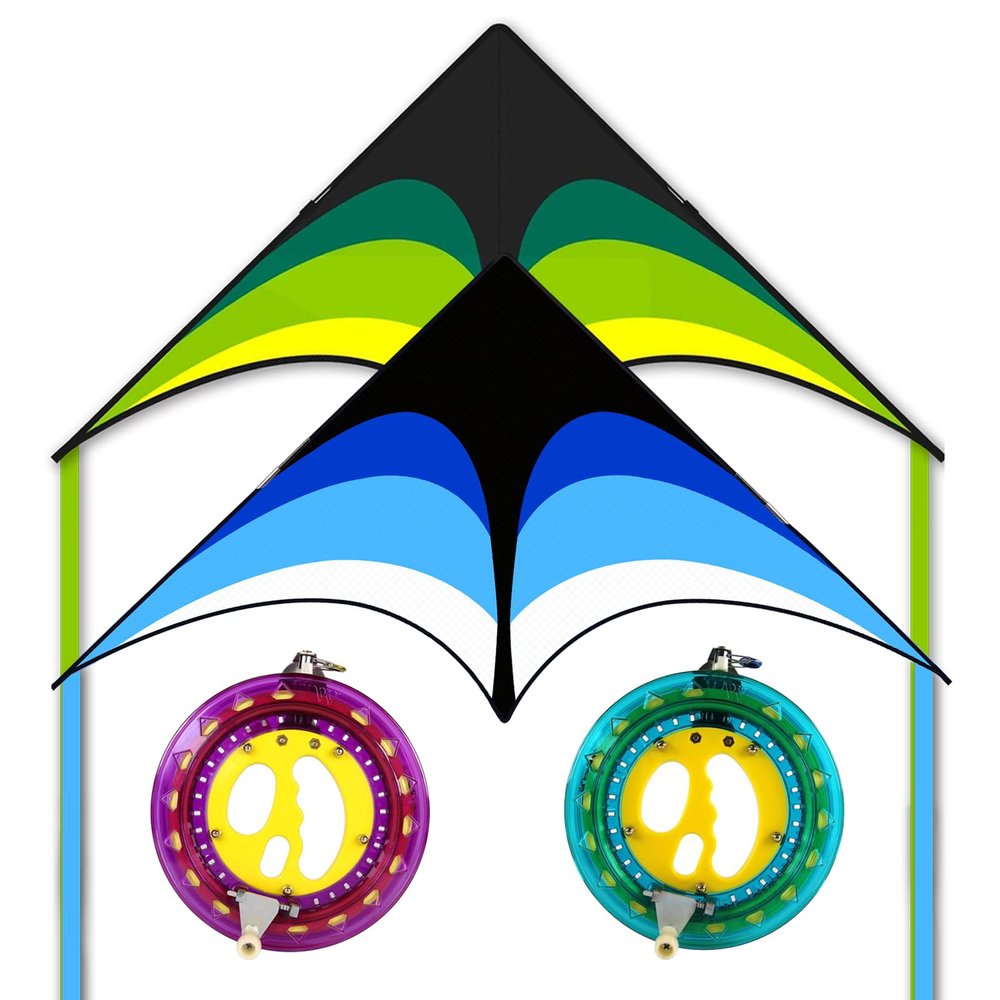 2 Pack Delta Kites and Kite String Reel Winder for Kids & Adults, Extremely Easy to Fly Kite, Best Kite for Beginner(Green & Blue)