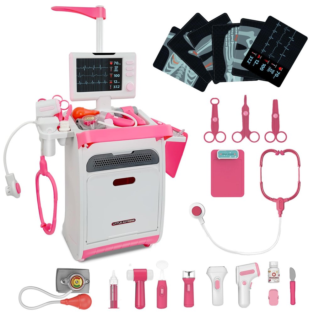 Playhiland Pink Doctor Kit for Toddlers 3-5, Pretend Doctor Play Set with Cart, Stethoscope and Thermometer, Doctor Kit for Kids 6-8, Role Play Medical Toys Christmas Birthday Gift for Girls Boys