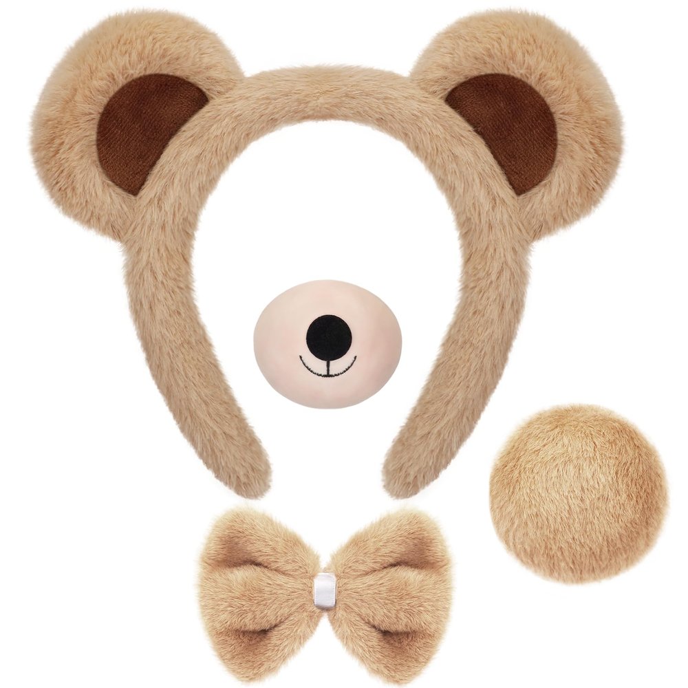 4 PCS Bear Costume Accessories Set Bear Ears Headband And Tail Bear Nose Bowtie Boys Girls Hairband Hair Accessories for 101 Day Christmas Halloween Cosplay Animal Dress up Birthday Party, Khaki