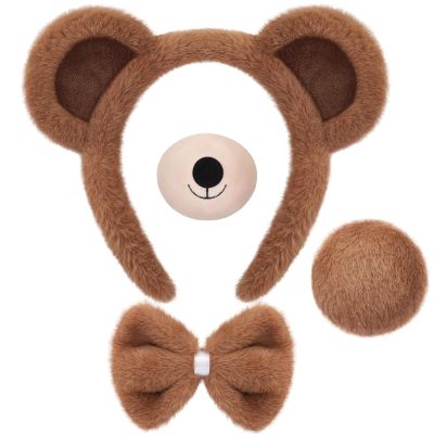 4 PCS Bear Costume Accessories Set Bear Ears Headband And Tail Bear Nose Bowtie Boys Girls Hairband Hair Accessories for 101 Day Christmas Halloween Cosplay Animal Dress up Birthday Party, Brown