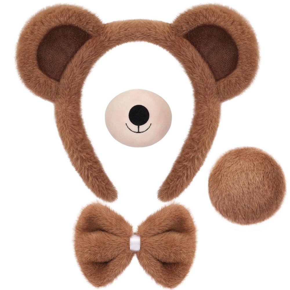 4 PCS Bear Costume Accessories Set Bear Ears Headband And Tail Bear Nose Bowtie Boys Girls Hairband Hair Accessories for 101 Day Christmas Halloween Cosplay Animal Dress up Birthday Party, Brown