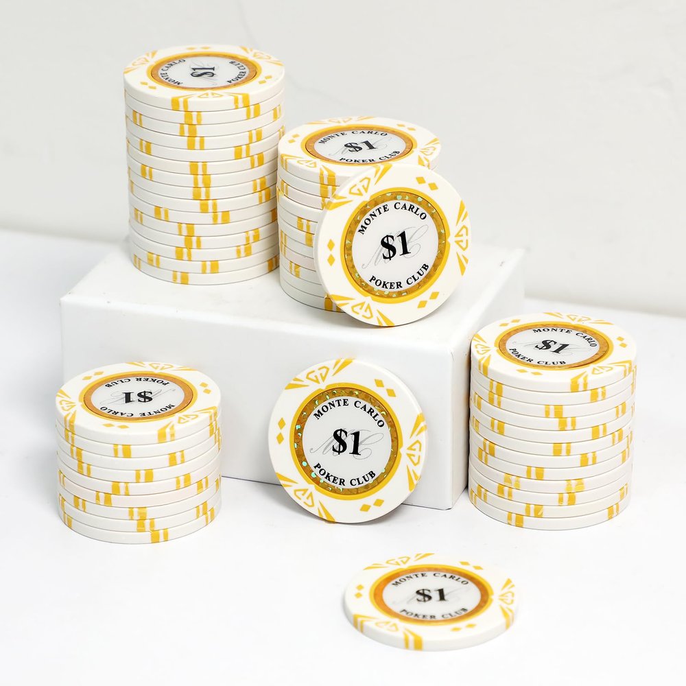JIESITE 14 Gram Clay Poker Chips Monte Carlo Poker Chips Casino Grade Poker Chip for Texas Hold'em, Blackjack Poker Games Pack of 50 Pieces($1 White)