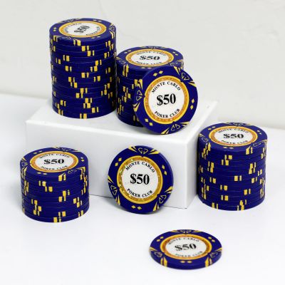 JIESITE 14 Gram Clay Poker Chips Monte Carlo Poker Chips Casino Grade Poker Chip for Texas Hold'em, Blackjack Poker Games Pack of 50 Pieces($50 Blue