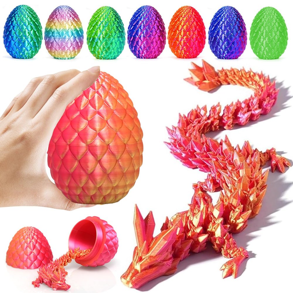 HEFANDAISHU Easter Egg Dragon Egg 12In Dragon Toy 3D Printed Dragon Fidget Toys 3D Printed Dragon Egg with Articulated Dragon Inside Fidget Toys for Autism/ADHD (Red Mix Gold)