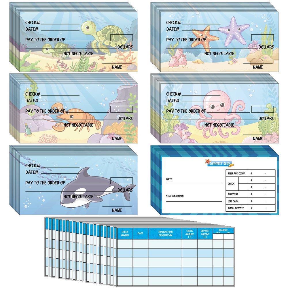 Trandraft 300 Sheets Fake Checkbook Kids Learning 6 x 3 in with 80 Pretend Deposit Slip and 20 Check Register Pretend Play, Home School Teaching Supplies, Ocean Themed
