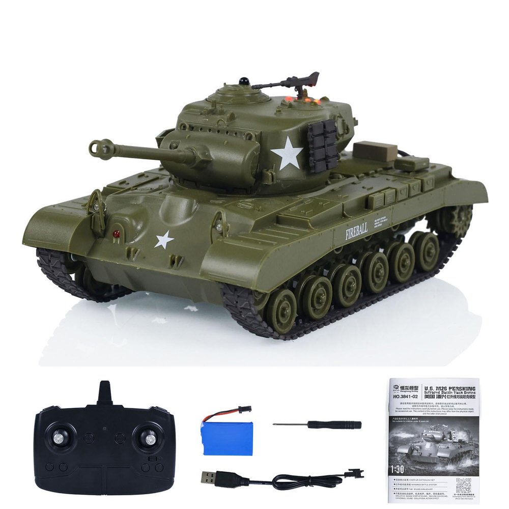wheelfun Henglong 1/30 RC Battle Tank Pershing M26 3841-02 2.4G RC Tank Model 360 Turret Rotation Infrared Battle Chassis Recoil Hobby Model