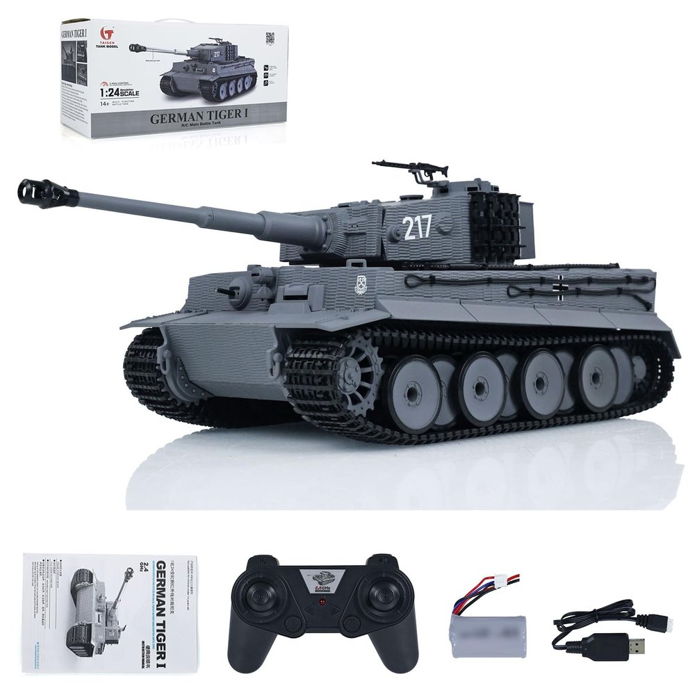 wheelfun Taigen 1/24 RC Battle Tank Tiger I RC Military Tanks Model Mid-Term Infrared Combat Chassis Recoil LED Flash Gray RC Military Transport Truck Armored Vehicle Hobby Collection Gift for Boys