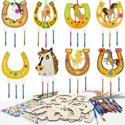 16 Pack Horseshoes Wind Chime Coloring Craft Kit, DIY Wooden Horse Party Favors, Western Cowboy Birthday Party Decor, Wood Paint Art Project, Windchime Activity Set for Home Garden Wall Classroom