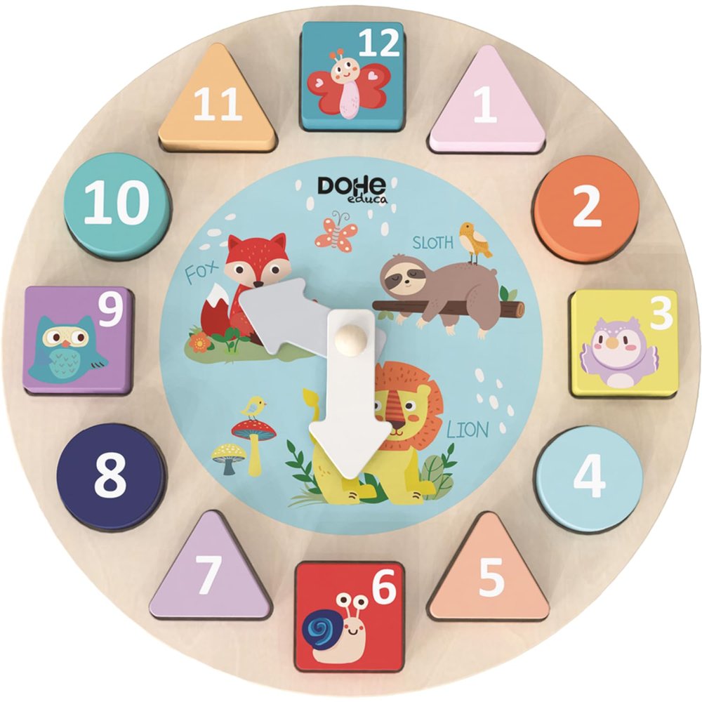 DOHE Educa Shape Sorting Clock 12 Geometric Wooden Lockable Blocks, Movable Needles, Educational Game Children and Babies, Montessori Method, School and Educational Supplies