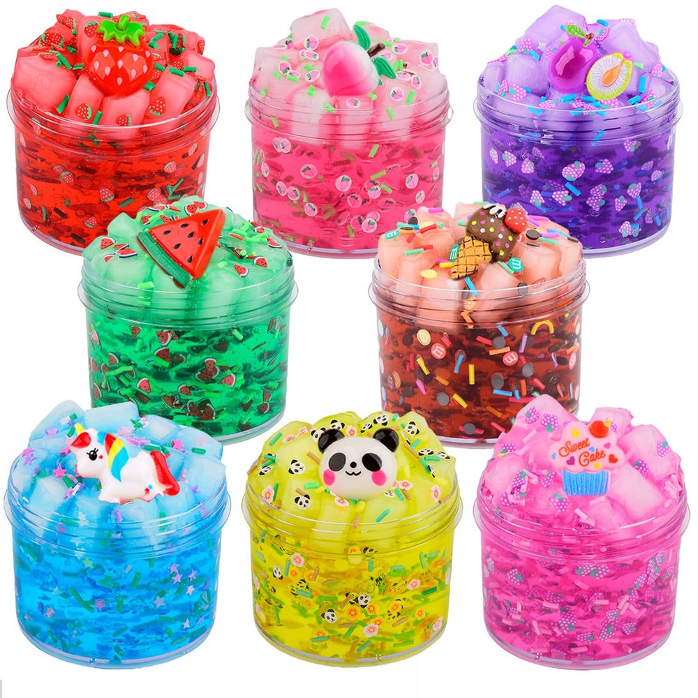 8 Pack Jelly Cube Crunchy Slime Kit, with Soft Stretchy Non-Sticky Clear Crunchy Slime Toy, Stress Relief Toy for Girls and Boys, Best Birthday Gift, Kids Party Favors and School Education