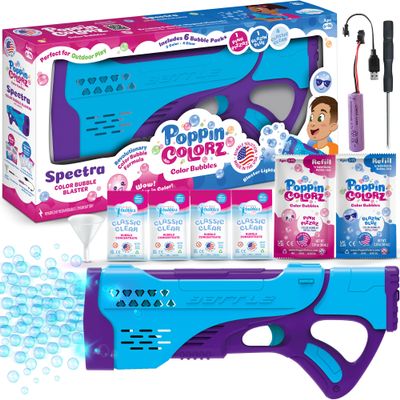 PoppinColorz Spectra Rechargeable Color Bubbles Blaster with 1 Pink, 1 Blue and 4 Clear Bubble Solutions Made in The USA, Double-Barrel Light-Up - No Dipping Necessary - Easy Click Trigger