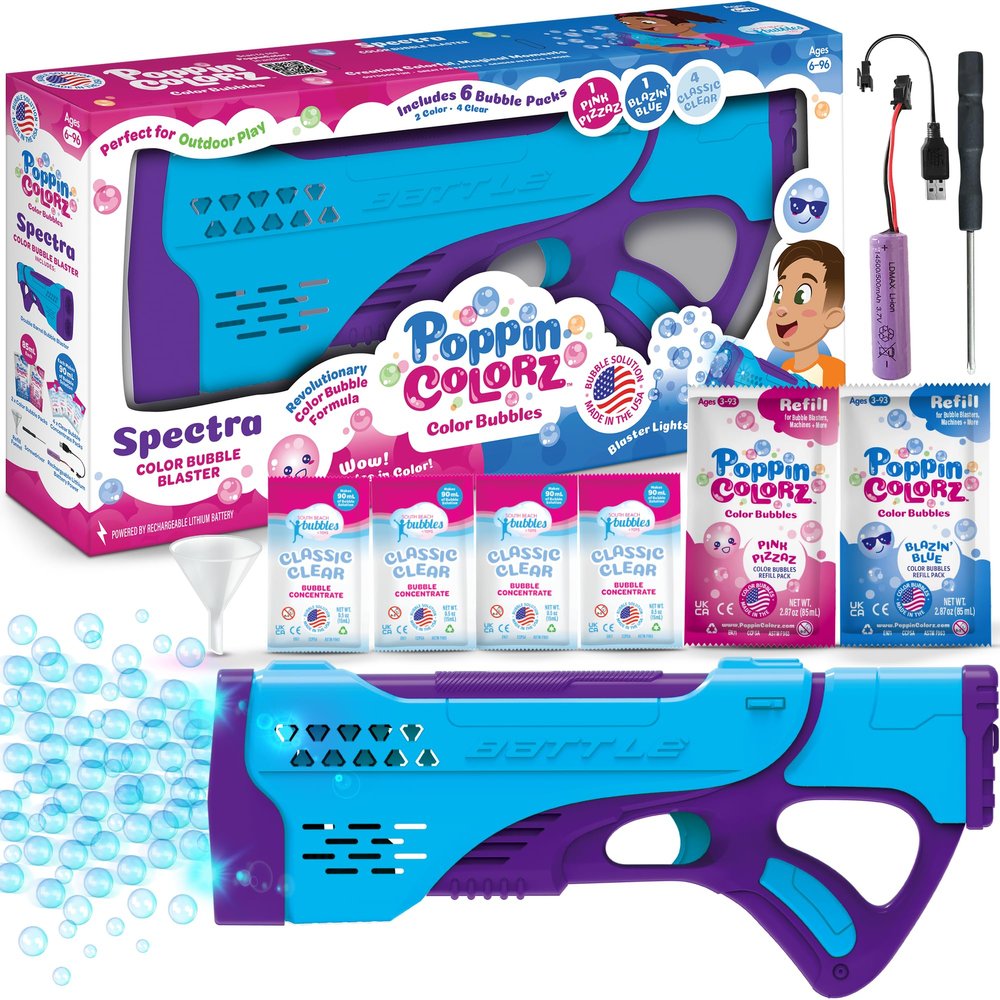 PoppinColorz Spectra Rechargeable Color Bubbles Blaster with 1 Pink, 1 Blue and 4 Clear Bubble Solutions Made in The USA, Double-Barrel Light-Up - No Dipping Necessary - Easy Click Trigger
