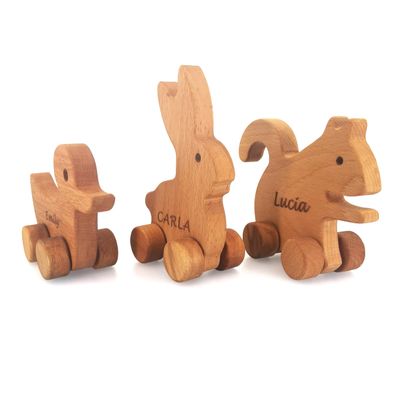 Personalized Wooden Toy Animals Squirrel Duck Rabbit, Customized Animal Push Toy Car Baby Shower Gift, Montessori Wood Animal Sensory Toys Gift for Toddlers, Nursery Decor, Wooden Cars For Toddlers