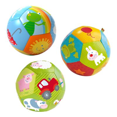 HABA Soft Baby Balls 3 Pack  On The Farm, Animal Babies, Rainbow Ball for Babies 6-12 Months. Bright Colors, Easy Grip for Tummy Time, Play Pen Balls & Language Development.
