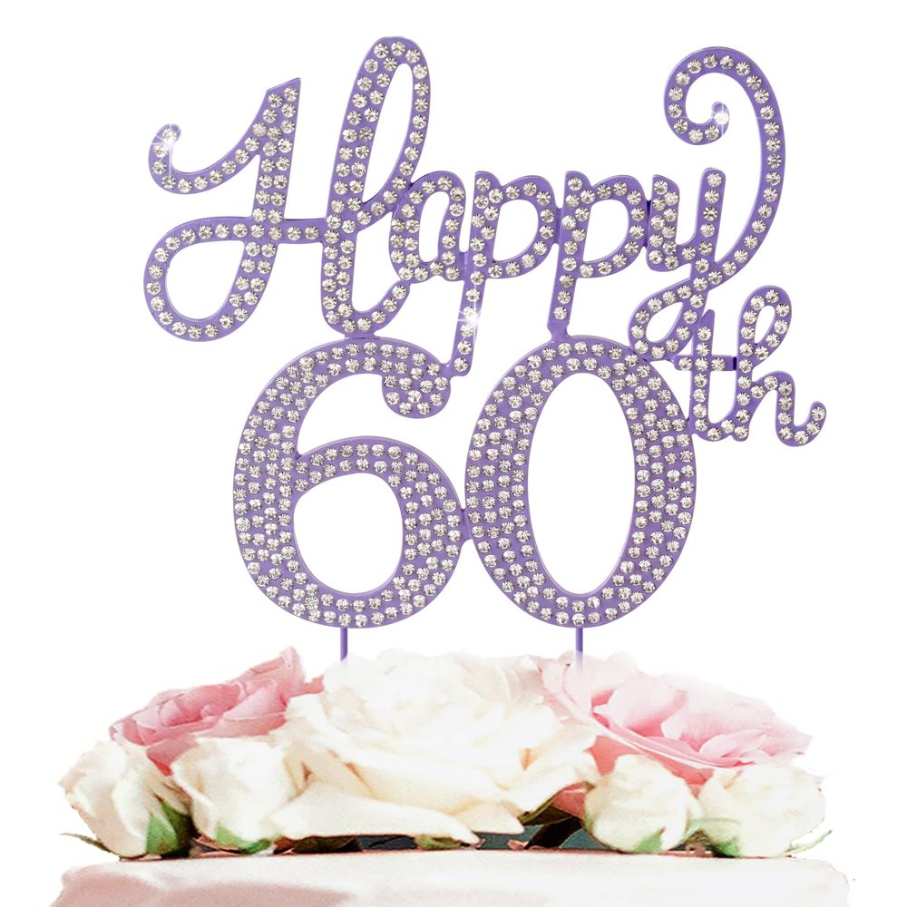 LASKYER Happy 60th Birthday Decorations,60th Birthday Purple Rhinestone Cake Topper - Cheers to Sixty Years Old Bday Party Metal Sparkly Cake Centerpieces Sign.