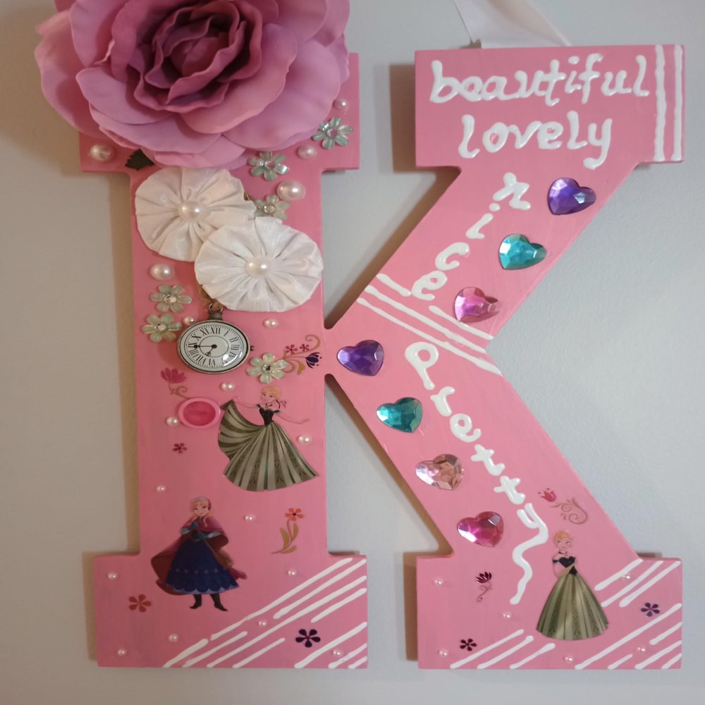 NiNi's Fine Art Finished Wood Letter K Large Wood Letter for a Girl's or Teens Bedroom Teens Wall Hanging Decorations Finished Wooden Letters with Ribbon for Hanging Art Letter Bedroom Decor