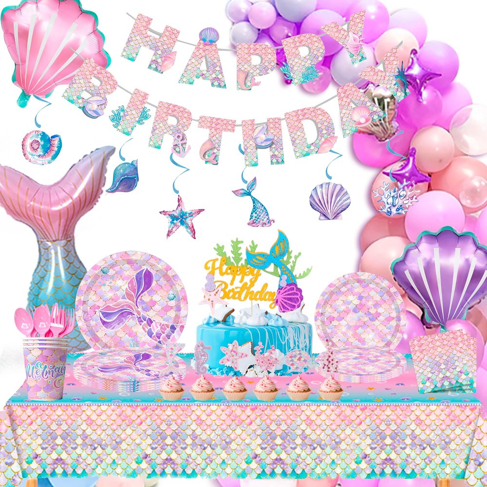 132Pcs Mermaid Party Decorations, Little Fish Birthday Party Tableware Plates Cups Napkins Tablecloth Banner Balloons Hanging Swirl etc Mermaid Birthday Party Decorations