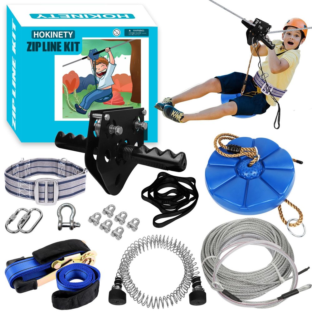 HOKINETY Zip Line Kit for Kids Adults : 76FT Up to 380Lbs Quick Setup Zipline for Backyard Outdoor with 100% Rust Proof Removable Trolley Ratchet System Swing Seat Safety Belt Spring Brake