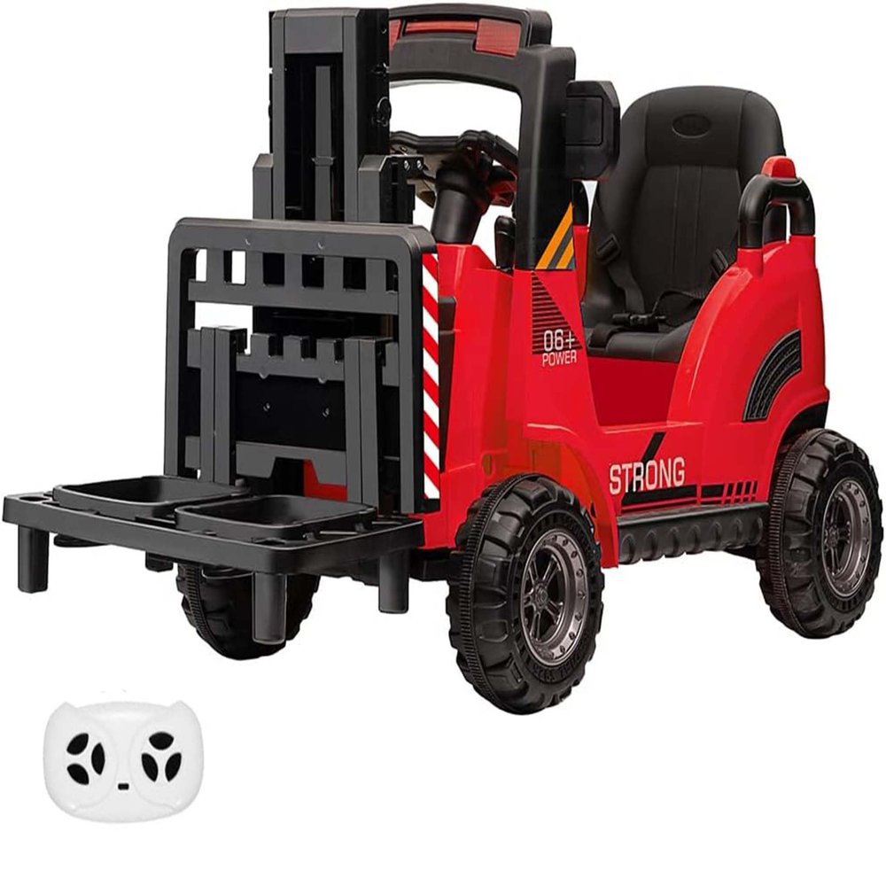 12V Kids Ride on Forklift Car, Toddles Electric Construction Car with Remote Control, Lifting Fork and Pallet, Low-Power Alarm, Music, USB and MP3 Player for Boys Girls, Red