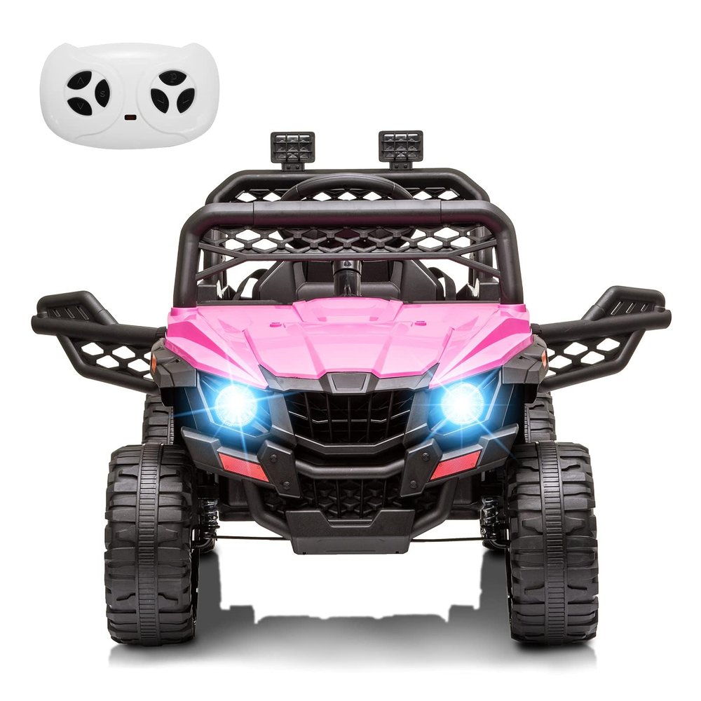 12V Kids Ride On Car Truck Toddlers Electric Car with Parent Remote Control, Spring Suspension, LED Lights, Open Doors, Safety Belt, AUX Port, Music, Spring Suspension Pink