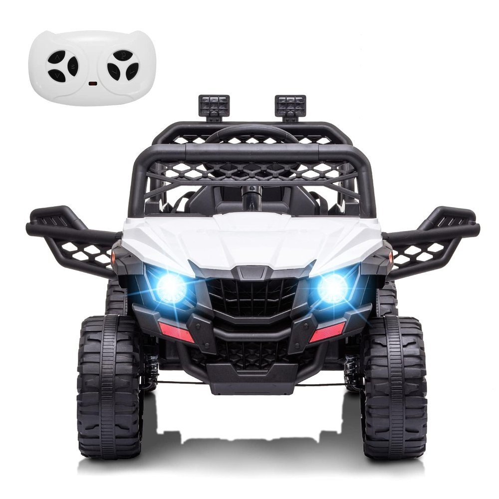 12V Kids Ride On Car Truck Toddlers Electric Car with Parent Remote Control, Spring Suspension, LED Lights, Open Doors, Safety Belt, AUX Port, Music, Spring Suspension White