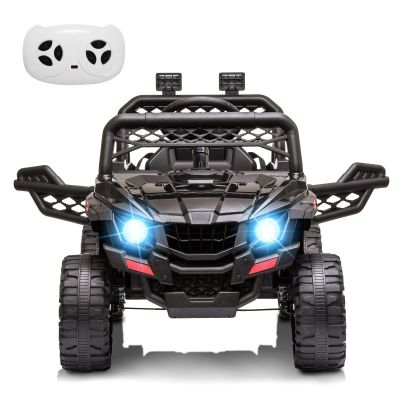 12V Kids Ride On Car Truck Toddlers Electric Car with Parent Remote Control, Spring Suspension, LED Lights, Open Doors, Safety Belt, AUX Port, Music, Spring Suspension Black