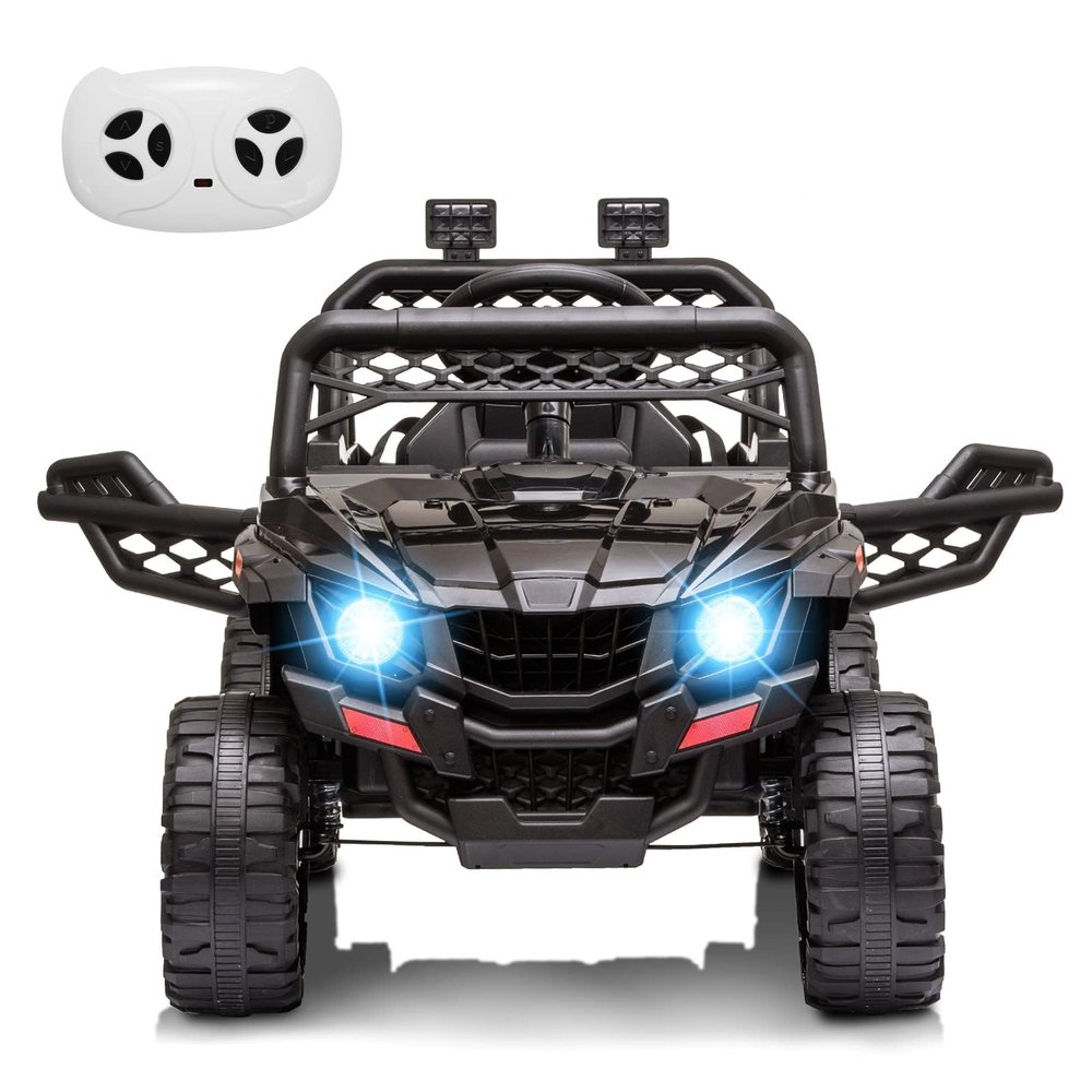 12V Kids Ride On Car Truck Toddlers Electric Car with Parent Remote Control, Spring Suspension, LED Lights, Open Doors, Safety Belt, AUX Port, Music, Spring Suspension Black