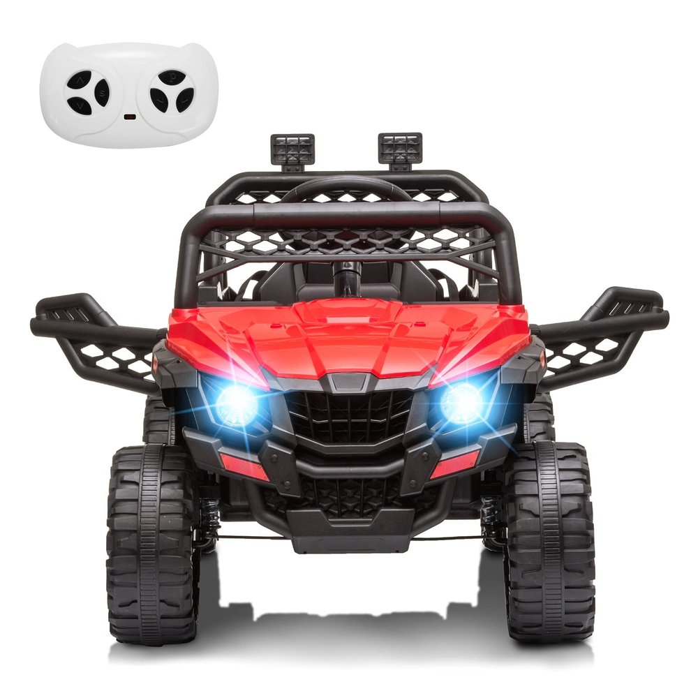 12V Kids Ride On Car Truck Toddlers Electric Car with Parent Remote Control, Spring Suspension, LED Lights, Open Doors, Safety Belt, AUX Port, Music, Spring Suspension Red