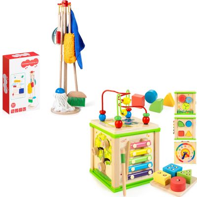 WOODMAM Wooden Kids Cleaning Set for Toddlers & Wooden 7-in-1 Activity Cube
