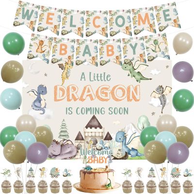 kreat4joy Dragon Baby Shower Decorations, Welcome Baby Shower Decorations Banner Cake Cupcake Toppers Balloons Backdrop for a Little Dragon Is On the Way Coming Soon Boy Girl