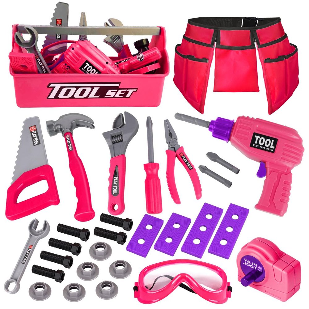 LOYO Kids Tool Set - Toddler Tool Set with Kid Tool Belt Tool Box & Electronic Toy Drill, Kids Construction Toys for Girls Boys Gift for Toddlers Girls Ages 3, 4, 5, 6, 7 Years Old