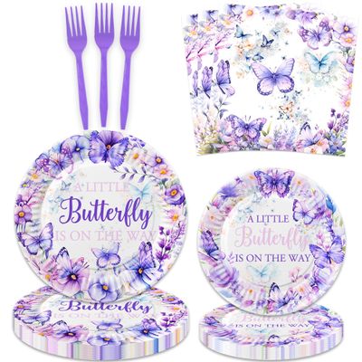 80 Pcs A Little Butterfly Is On The Way Party Supplies Spring Butterfly Baby Shower Paper Plates Napkins Forks Dinnerware for Butterfly Theme Girls Gender Reveal 1st Bday Party Decorations