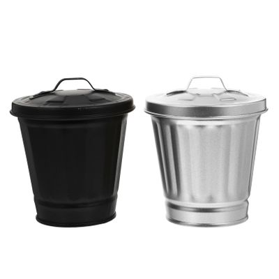 PRETYZOOM 2pcs Mini Desktop Trash Can with Lid Iron Waste Basket for Home Cute Decorative Container for Office Kitchen Bathroom Black and Silver Color