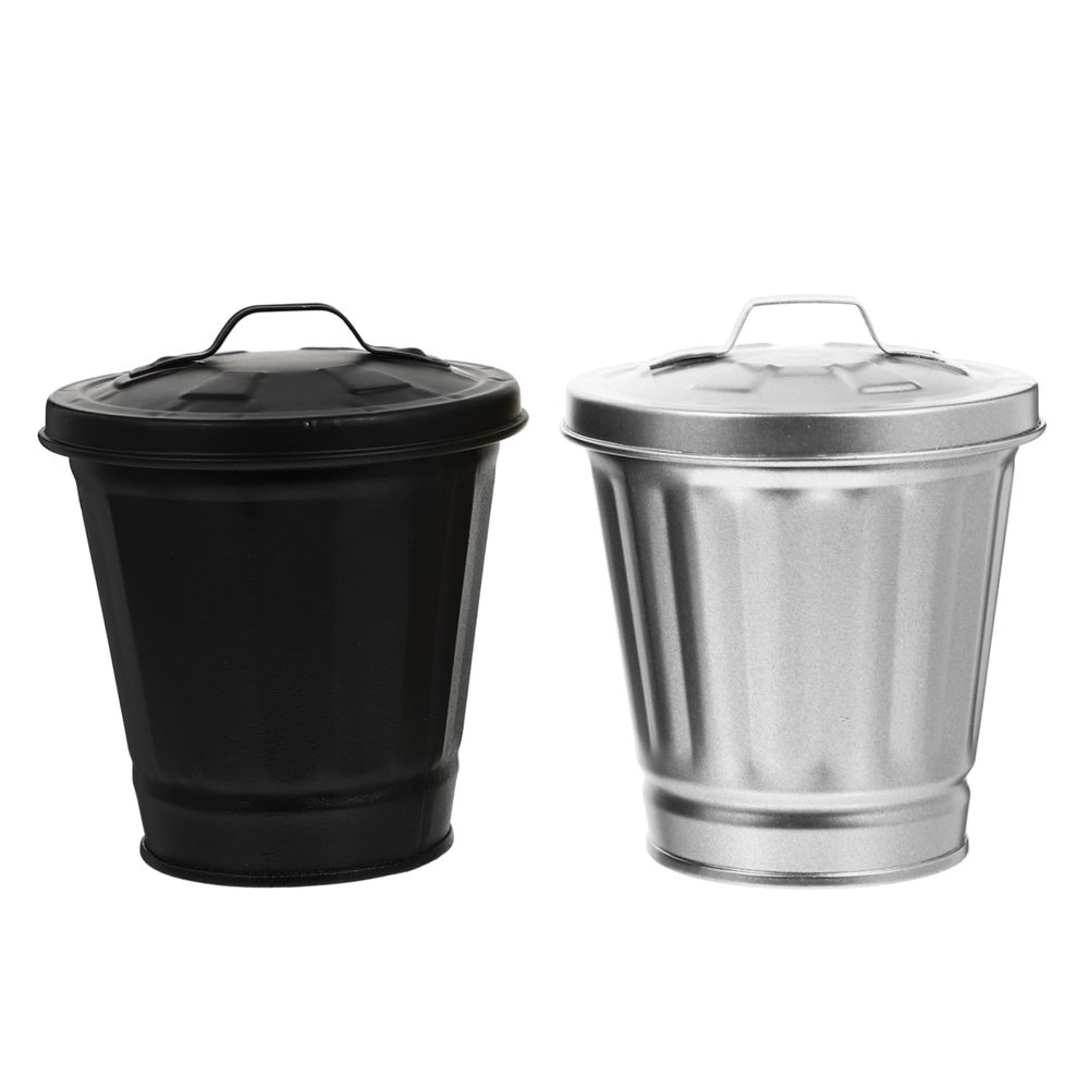 PRETYZOOM 2pcs Mini Desktop Trash Can with Lid Iron Waste Basket for Home Cute Decorative Container for Office Kitchen Bathroom Black and Silver Color