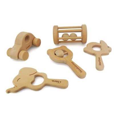 Personalized 5 Pieces Wooden Baby Toys 0-6 Months, Customized Teething Toys Baby Rattles 0-6 Months, Wood Teething Toys Gifts for baby, Customizable Montessori Wooden Toys for Babies 5 Pieces