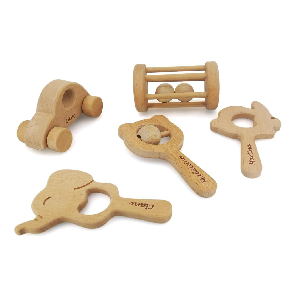 Personalized 5 Pieces Wooden Baby Toys 0-6 Months, Customized Teething Toys Baby Rattles 0-6 Months, Wood Teething Toys Gifts for baby, Customizable Montessori Wooden Toys for Babies 5 Pieces
